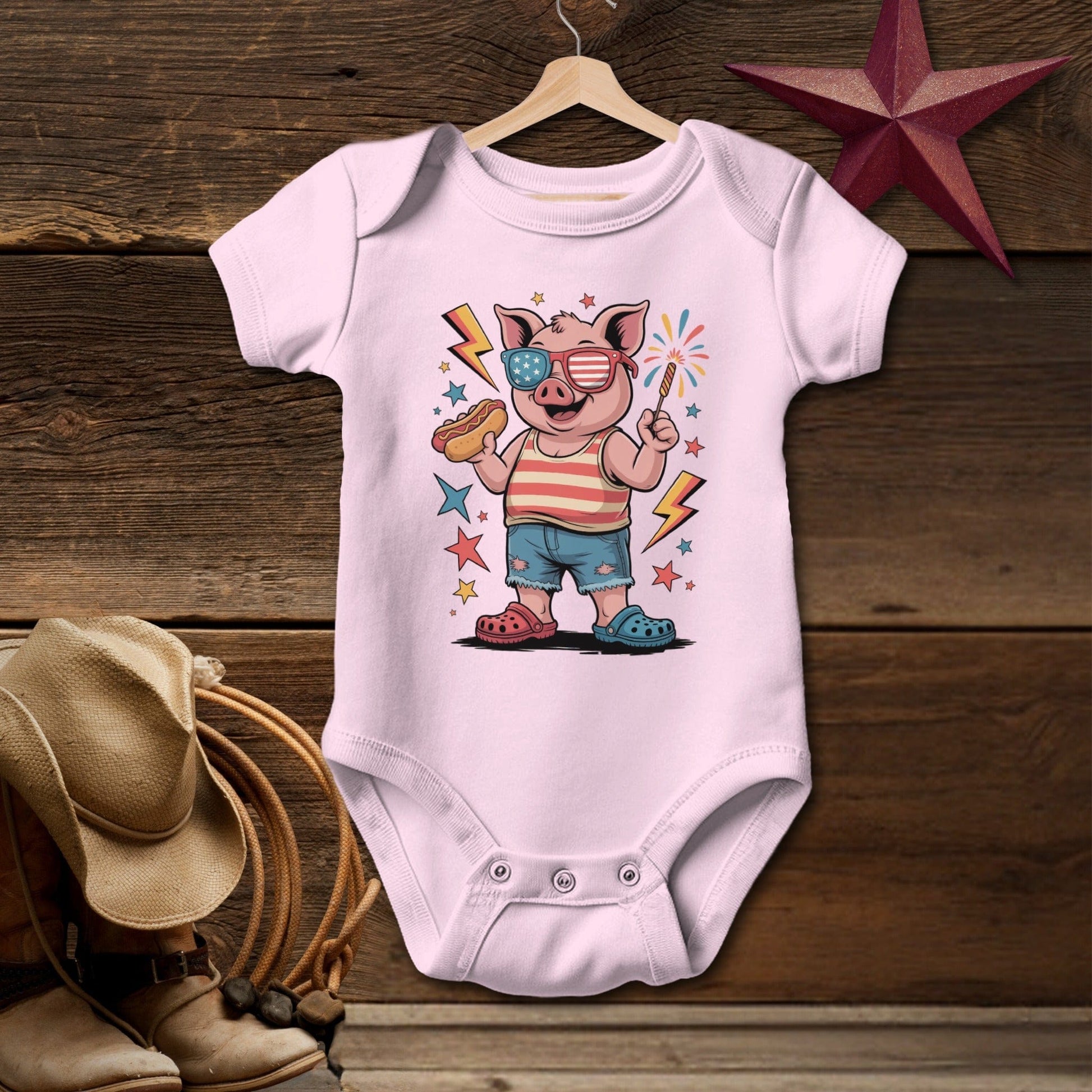 Baby Bodysuit Short Sleeve Pink / Newborn Festive 4th Pig T-shirt (Baby)