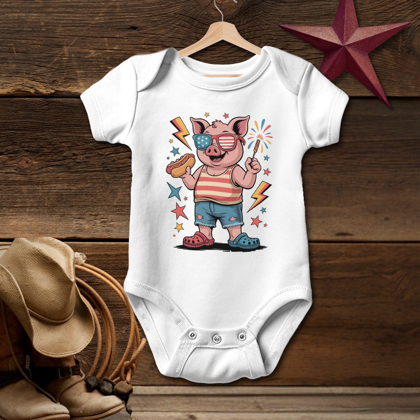Baby Bodysuit Short Sleeve White / Newborn Festive 4th Pig T-shirt (Baby)