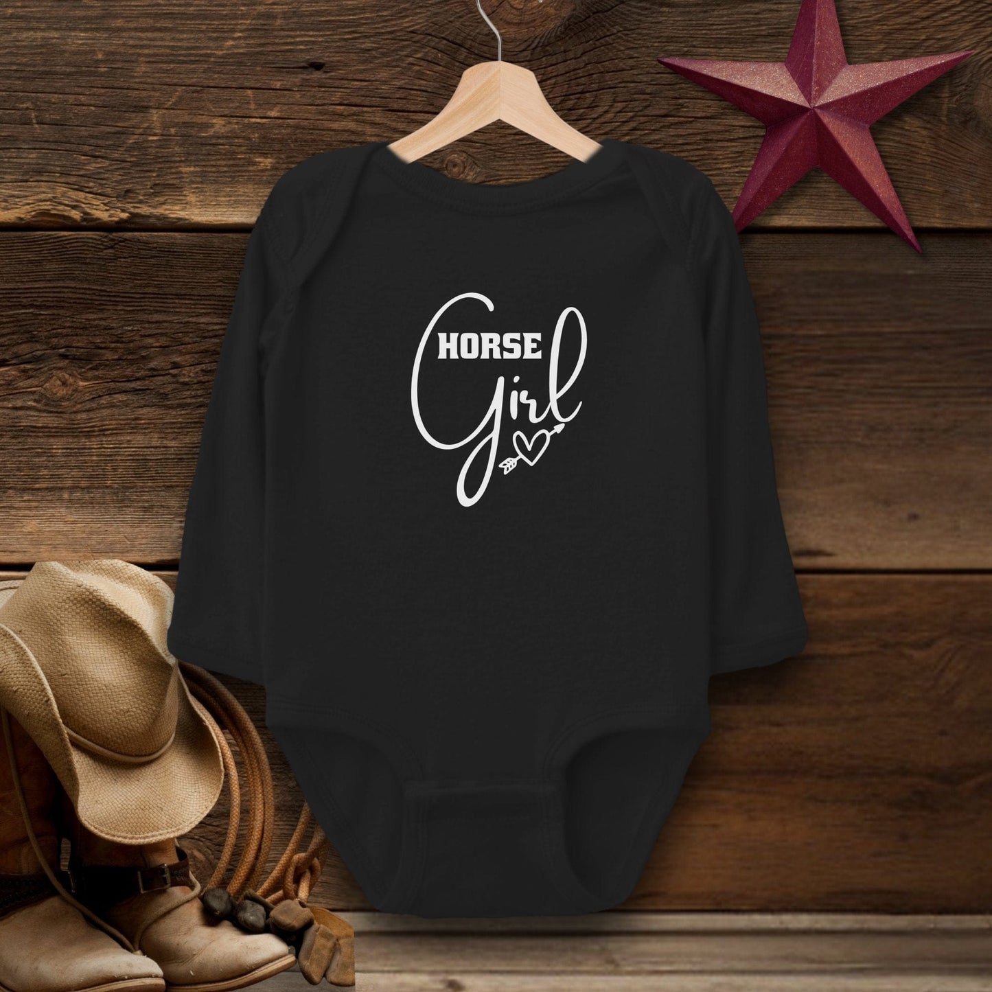 Baby Shirts Bodysuit Long Sleeve / Black / Newborn Horse Girl with Arrow Heart Shirt