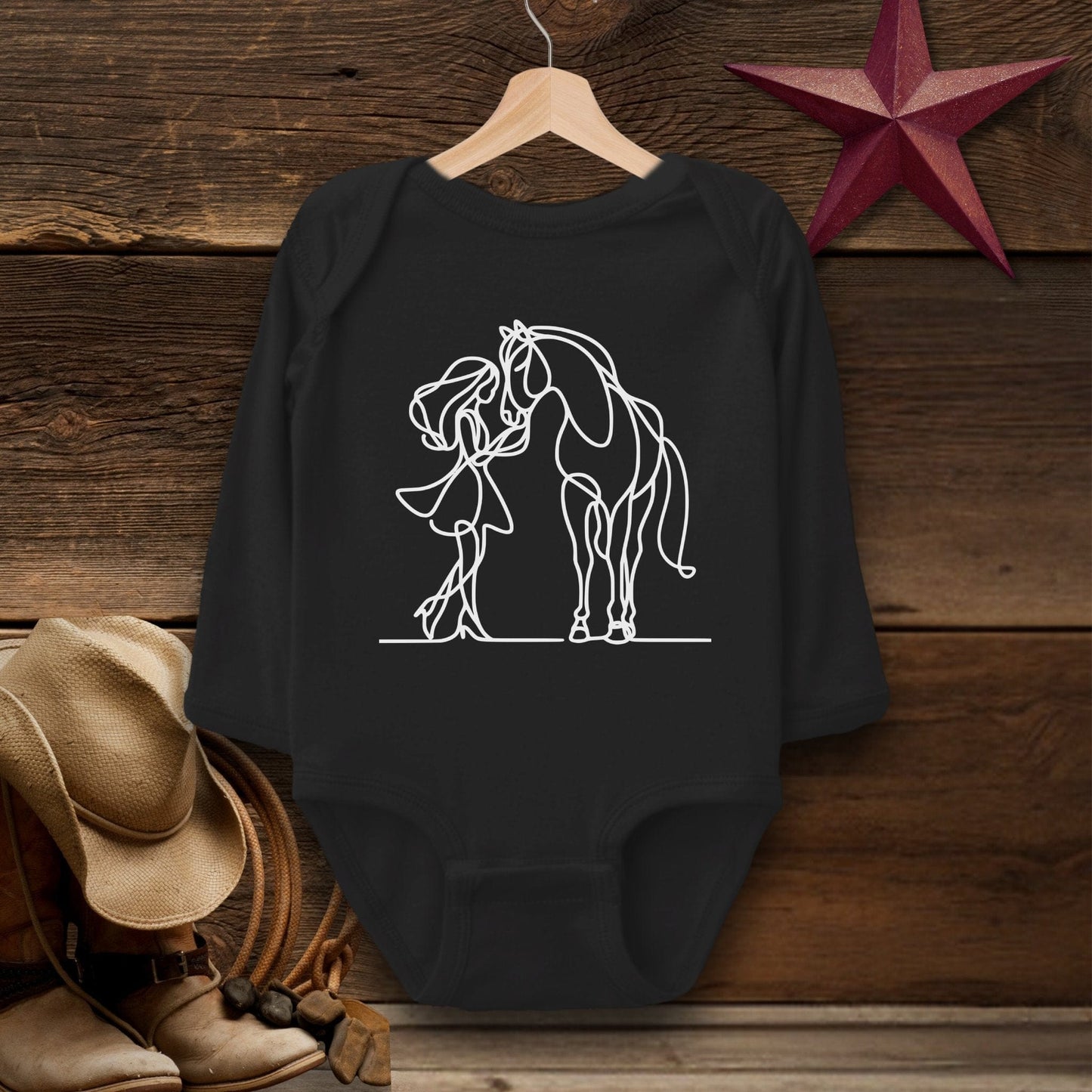 Baby Shirts Bodysuit Long Sleeve / Black / Newborn Lady and Horse Art - Baby Shirt