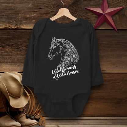 Baby Shirts Bodysuit Long Sleeve / Black / Newborn Wildflowers And Wild Horses - Baby Shirt