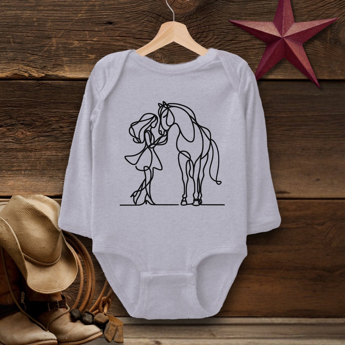 Baby Shirts Bodysuit Long Sleeve / Heather / Newborn Lady and Horse Art - Baby Shirt