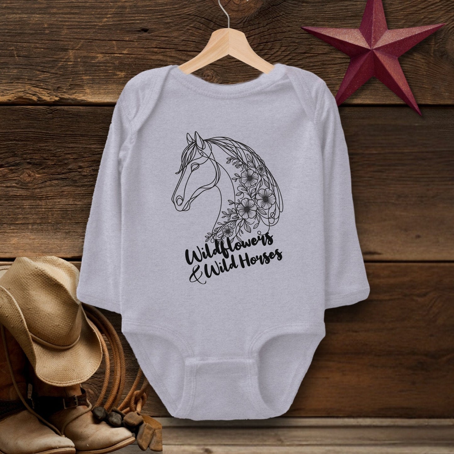 Baby Shirts Bodysuit Long Sleeve / Heather / Newborn Wildflowers And Wild Horses - Baby Shirt