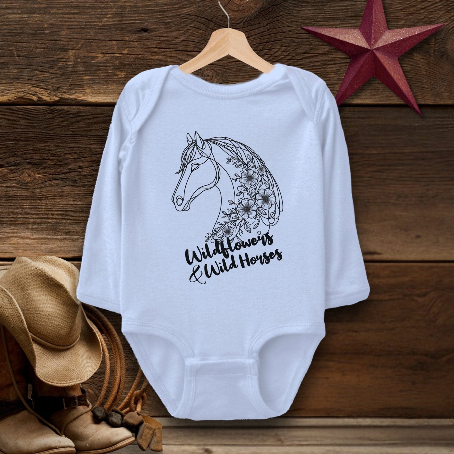 Baby Shirts Bodysuit Long Sleeve / Light Blue / Newborn Wildflowers And Wild Horses - Baby Shirt