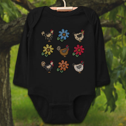 Baby Shirts Bodysuit Long Sleeve / Newborn / Black Chickens and Flowers - Baby Shirt