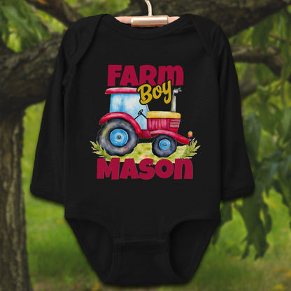 Baby Shirts Bodysuit Long Sleeve / Newborn / Black Personalized Farm Boy - Baby Shirt