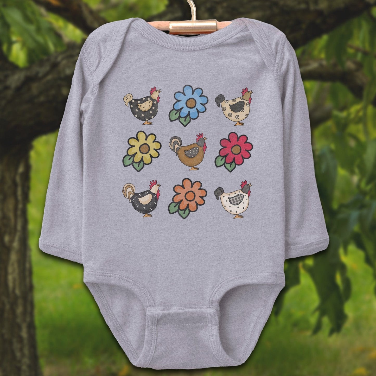 Baby Shirts Bodysuit Long Sleeve / Newborn / Heather Chickens and Flowers - Baby Shirt