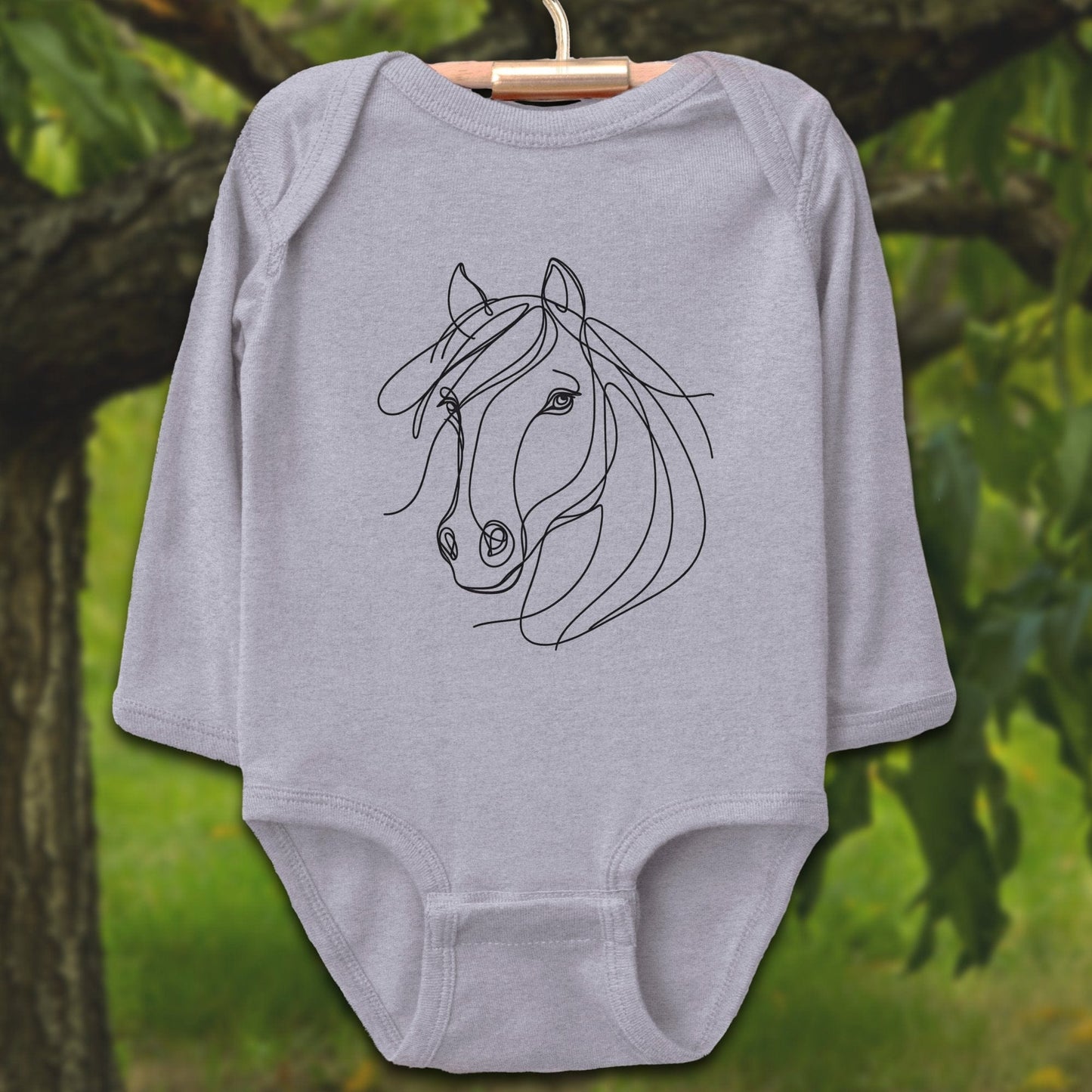 Baby Shirts Bodysuit Long Sleeve / Newborn / Heather Elegant Horse Line Art - Baby Shirt