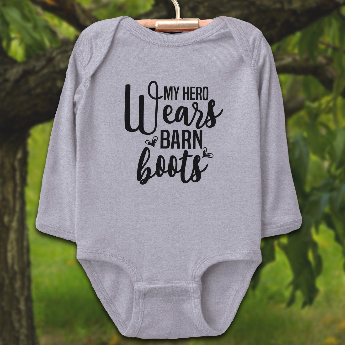 Baby Shirts Bodysuit Long Sleeve / Newborn / Heather My Hero Wears Barn Boots - Baby Shirt