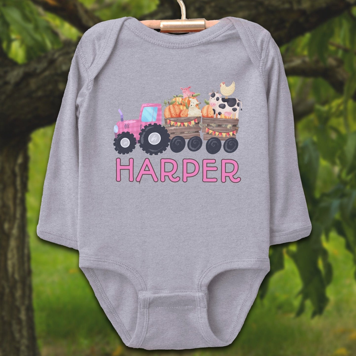 Baby Shirts Bodysuit Long Sleeve / Newborn / Heather Personalized Cute Pink Tractor - Baby Shirt