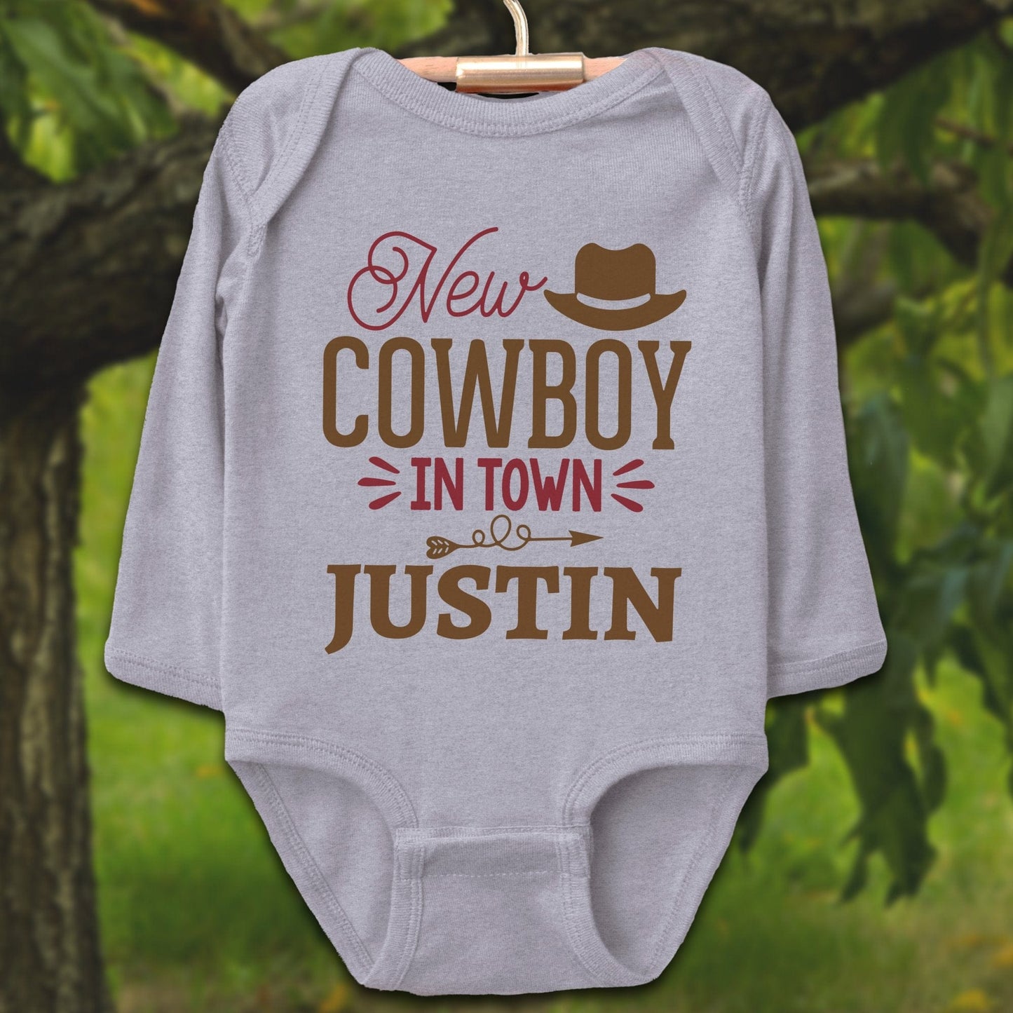 Baby Shirts Bodysuit Long Sleeve / Newborn / Heather Personalized New Cowboy In Town - Baby Shirt