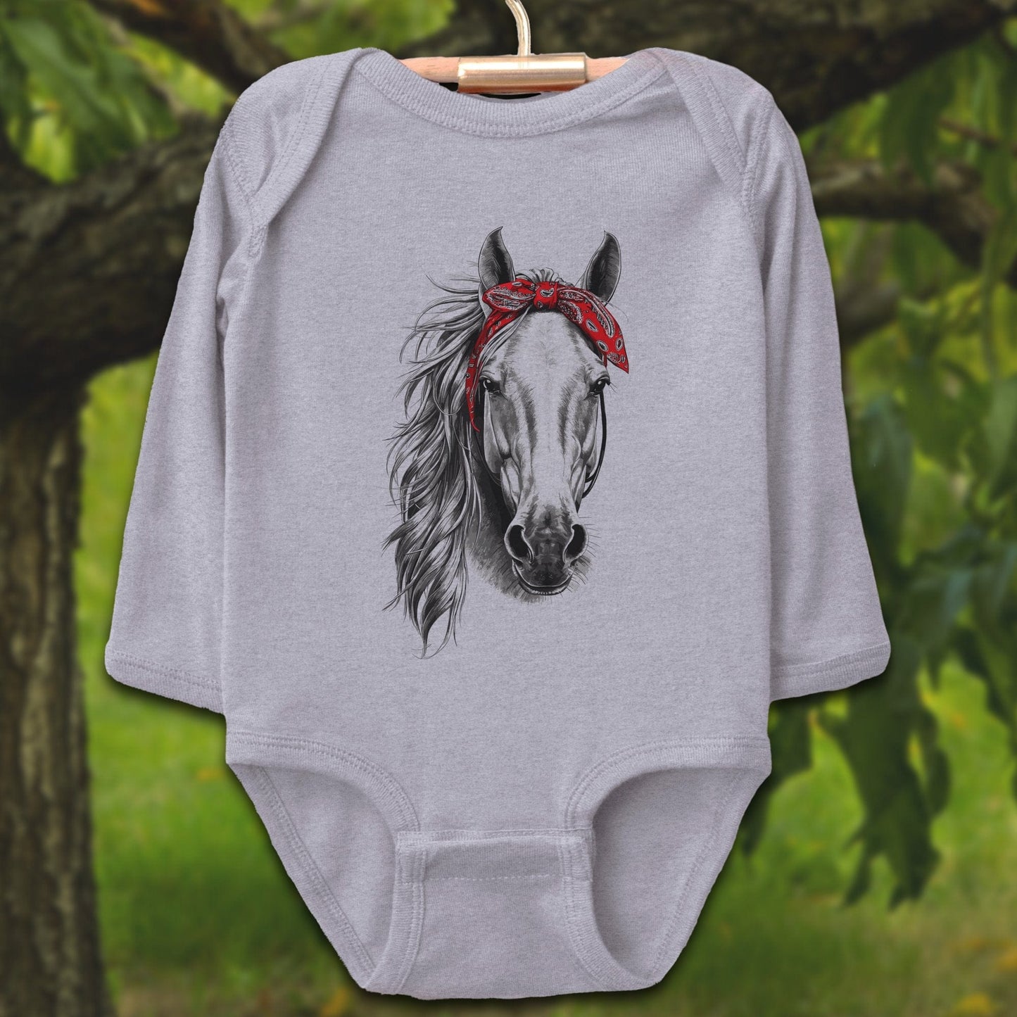 Baby Shirts Bodysuit Long Sleeve / Newborn / Heather Stylish Horse with Red Bandana - Baby Shirt