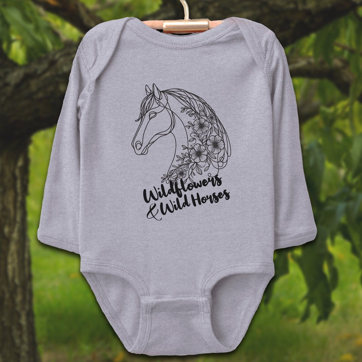 Baby Shirts Bodysuit Long Sleeve / Newborn / Heather Wildflowers And Wild Horses - Baby Shirt