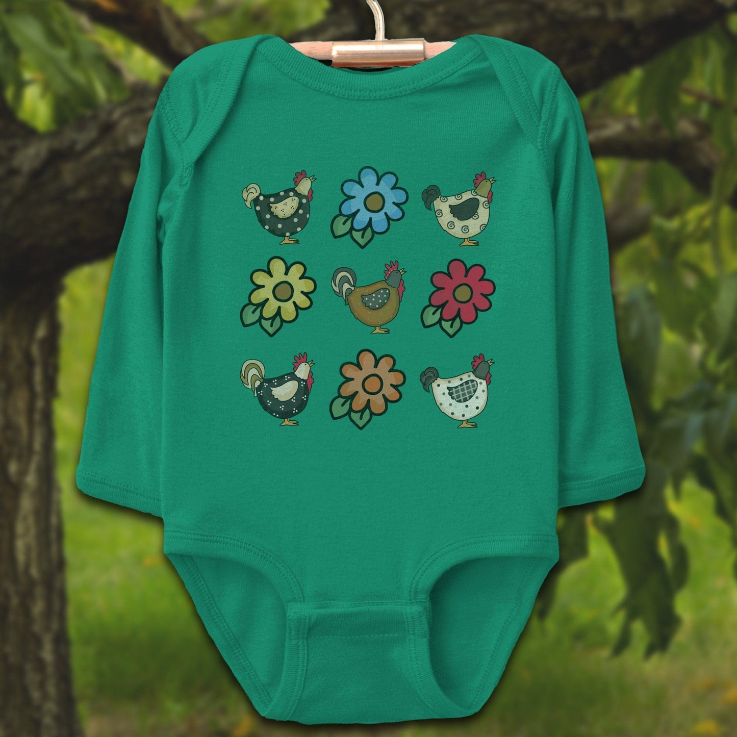 Baby Shirts Bodysuit Long Sleeve / Newborn / Kelly Chickens and Flowers - Baby Shirt