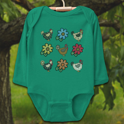 Baby Shirts Bodysuit Long Sleeve / Newborn / Kelly Chickens and Flowers - Baby Shirt