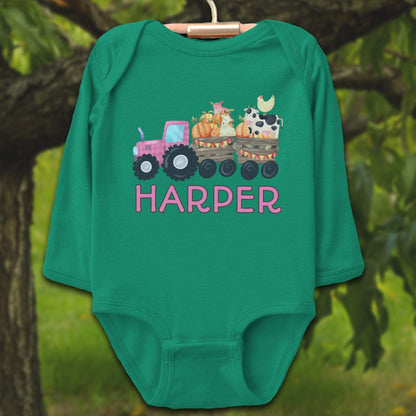 Baby Shirts Bodysuit Long Sleeve / Newborn / Kelly Personalized Cute Pink Tractor - Baby Shirt