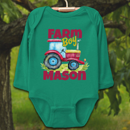 Baby Shirts Bodysuit Long Sleeve / Newborn / Kelly Personalized Farm Boy - Baby Shirt