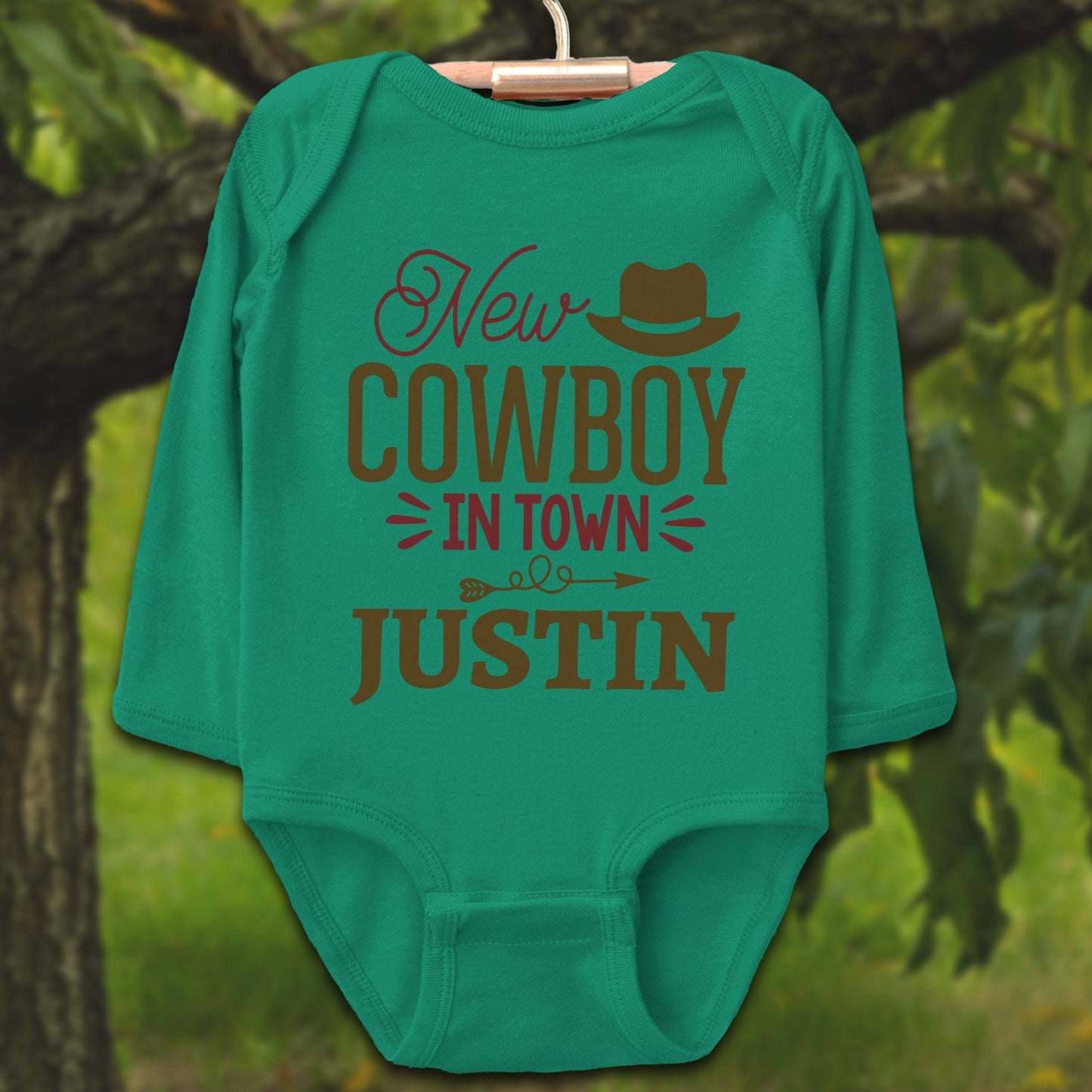 Baby Shirts Bodysuit Long Sleeve / Newborn / Kelly Personalized New Cowboy In Town - Baby Shirt