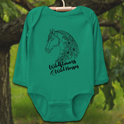 Baby Shirts Bodysuit Long Sleeve / Newborn / Kelly Wildflowers And Wild Horses - Baby Shirt