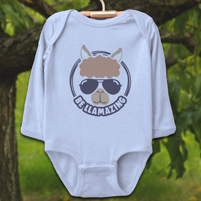 Baby Shirts Bodysuit Long Sleeve / Newborn / Light Blue Be Llamazing Cool Alpaca Illustration - Baby Shirt