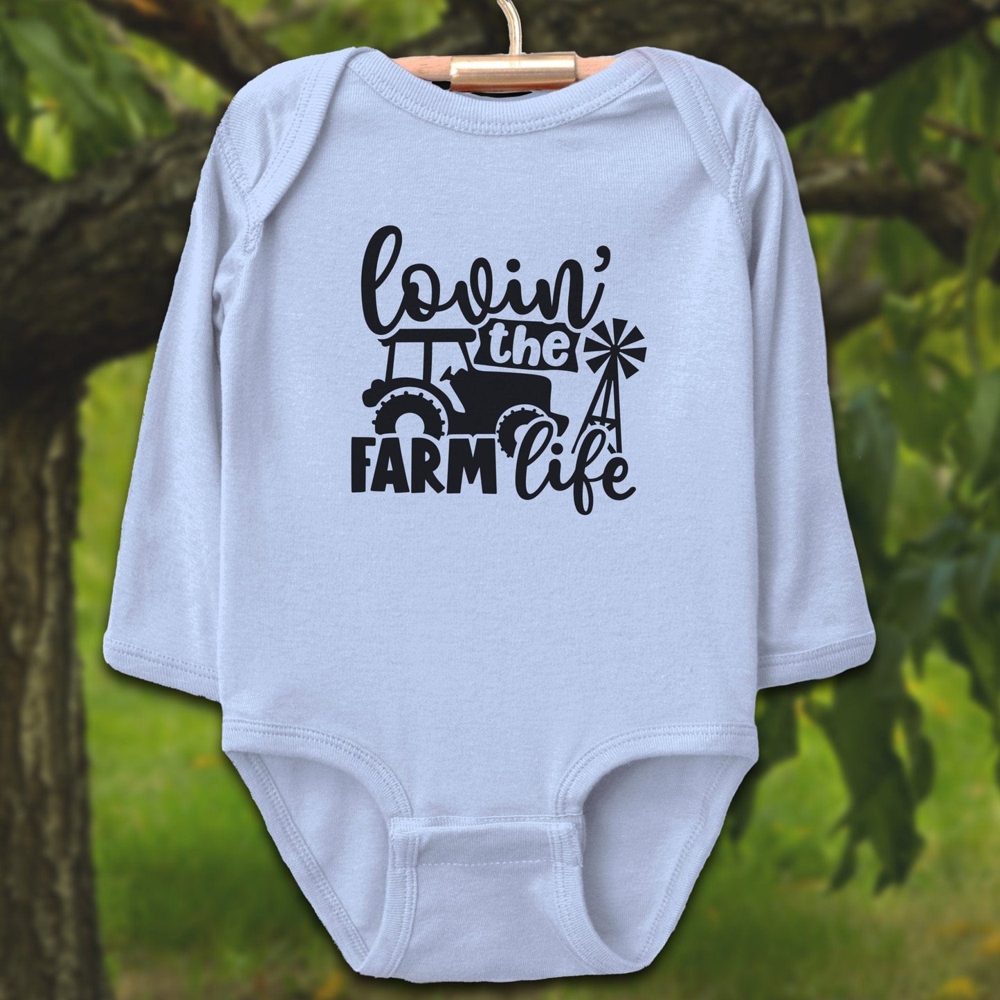 Baby Shirts Bodysuit Long Sleeve / Newborn / Light Blue Lovin the Farm Life Tractor - Baby Shirt