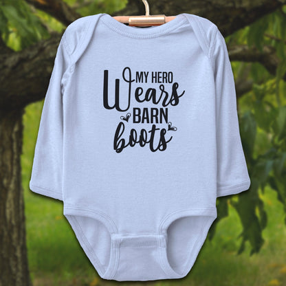 Baby Shirts Bodysuit Long Sleeve / Newborn / Light Blue My Hero Wears Barn Boots - Baby Shirt