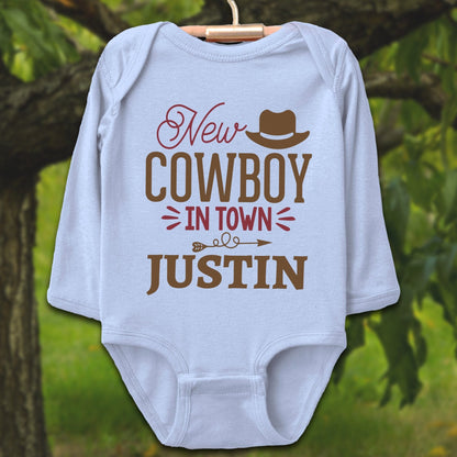 Baby Shirts Bodysuit Long Sleeve / Newborn / Light Blue Personalized New Cowboy In Town - Baby Shirt