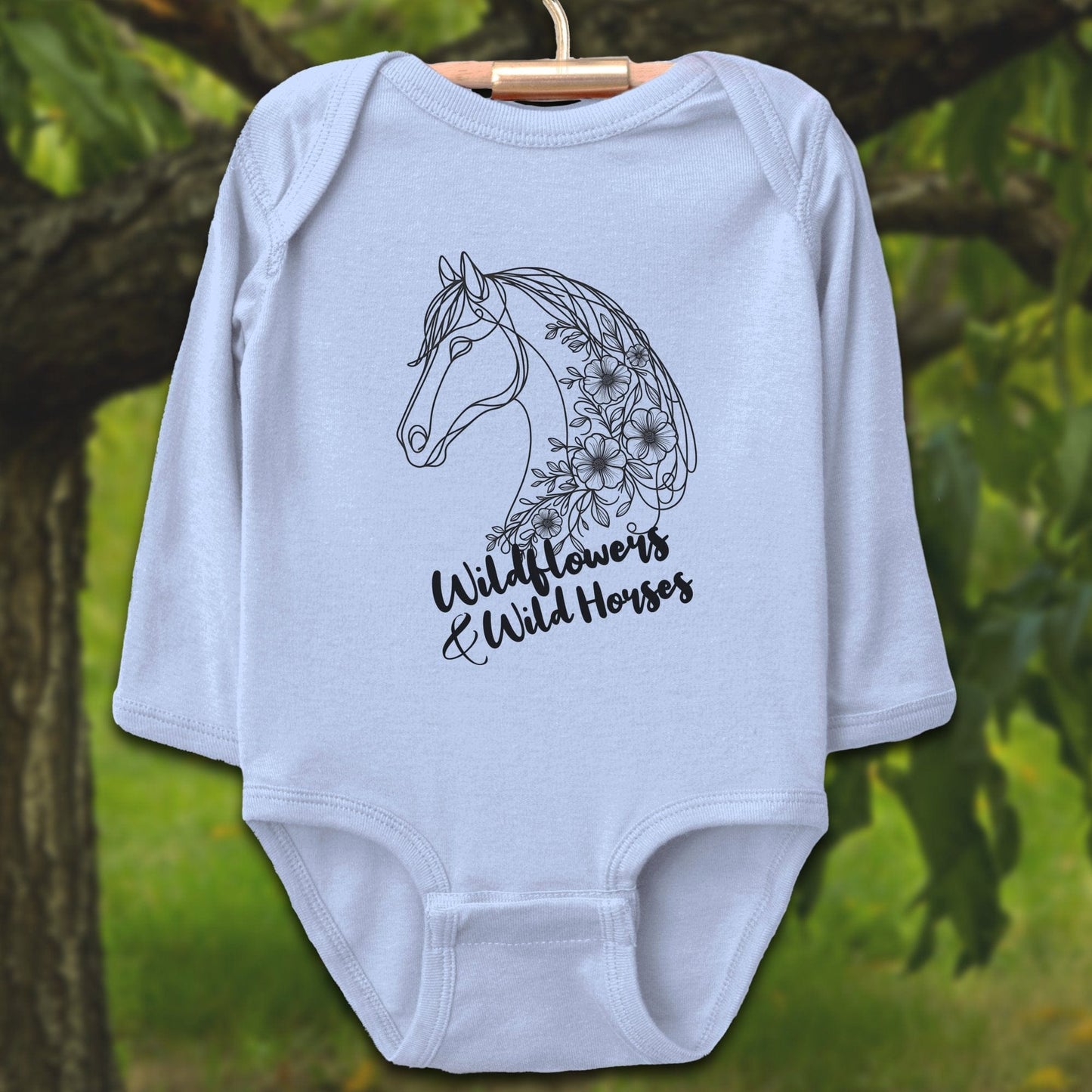 Baby Shirts Bodysuit Long Sleeve / Newborn / Light Blue Wildflowers And Wild Horses - Baby Shirt