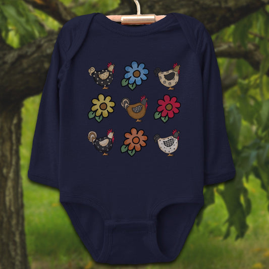 Baby Shirts Bodysuit Long Sleeve / Newborn / Navy Chickens and Flowers - Baby Shirt