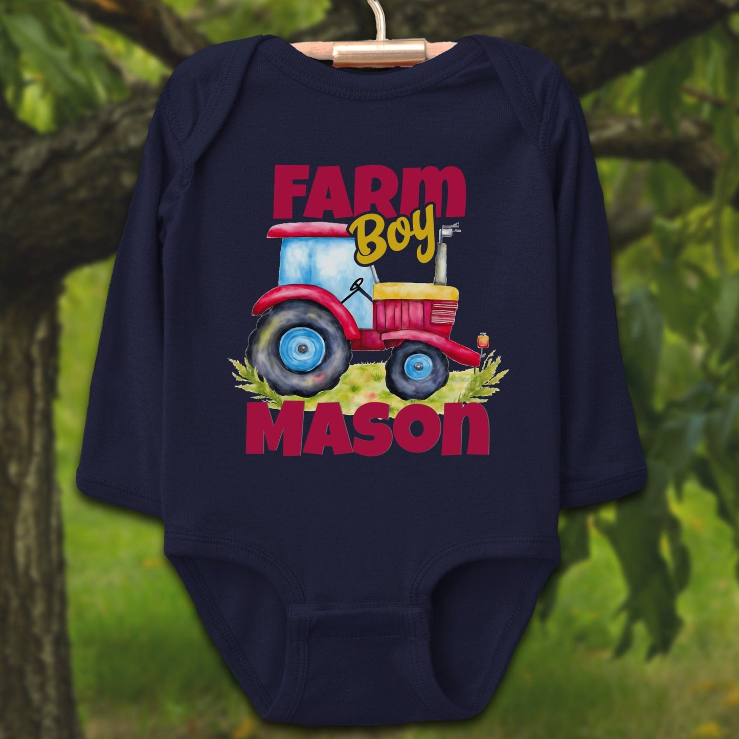 Baby Shirts Bodysuit Long Sleeve / Newborn / Navy Personalized Farm Boy - Baby Shirt