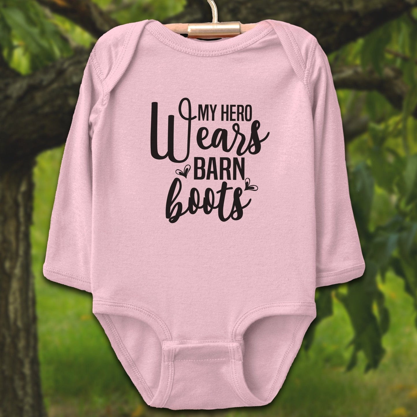 Baby Shirts Bodysuit Long Sleeve / Newborn / Pink My Hero Wears Barn Boots - Baby Shirt