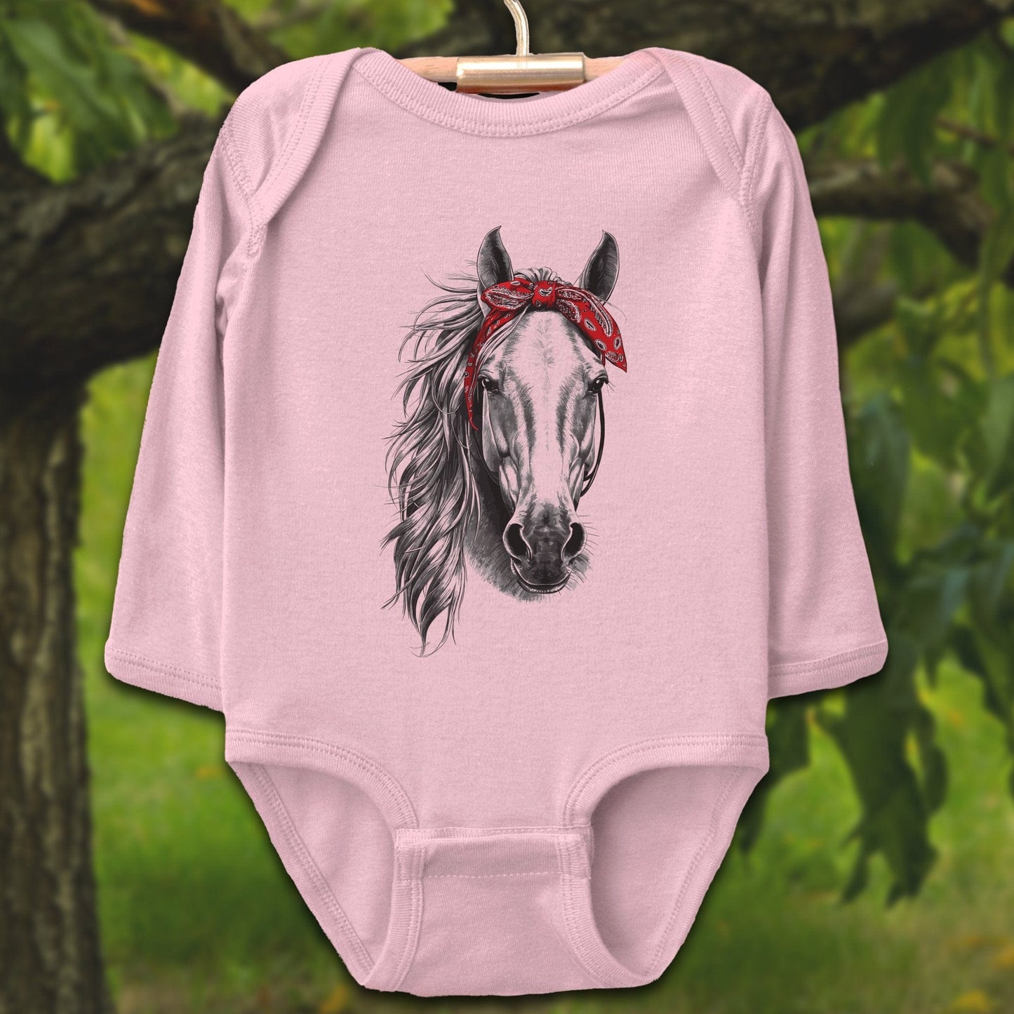 Baby Shirts Bodysuit Long Sleeve / Newborn / Pink Stylish Horse with Red Bandana - Baby Shirt