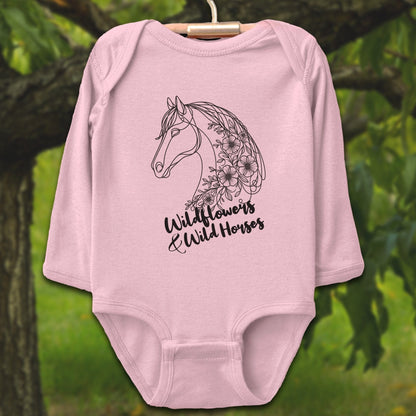 Baby Shirts Bodysuit Long Sleeve / Newborn / Pink Wildflowers And Wild Horses - Baby Shirt