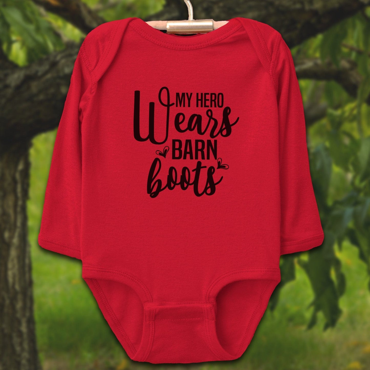 Baby Shirts Bodysuit Long Sleeve / Newborn / Red My Hero Wears Barn Boots - Baby Shirt