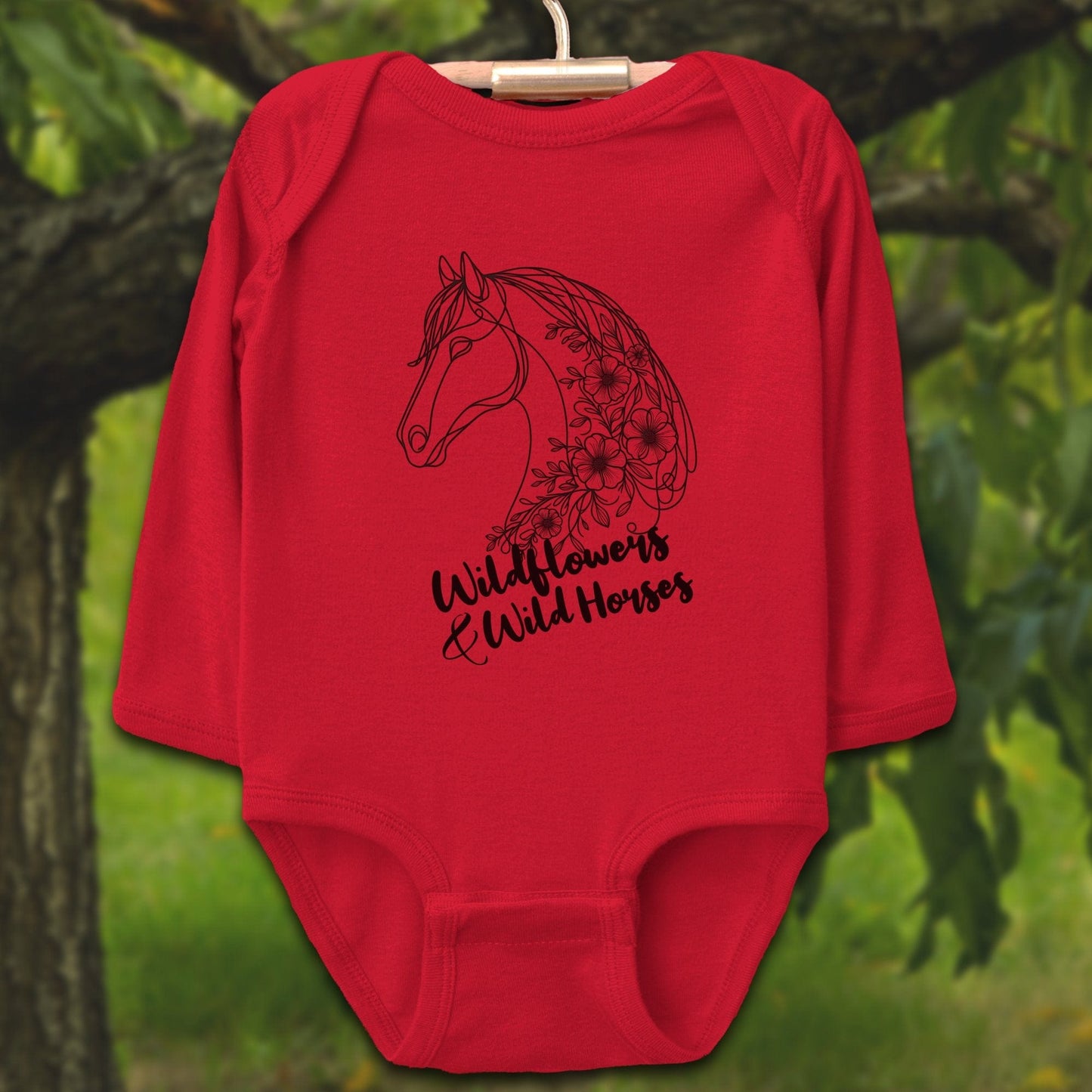 Baby Shirts Bodysuit Long Sleeve / Newborn / Red Wildflowers And Wild Horses - Baby Shirt