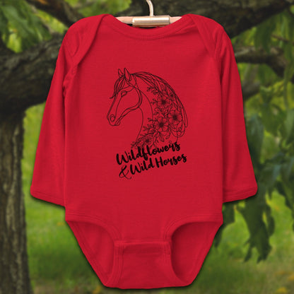 Baby Shirts Bodysuit Long Sleeve / Newborn / Red Wildflowers And Wild Horses - Baby Shirt