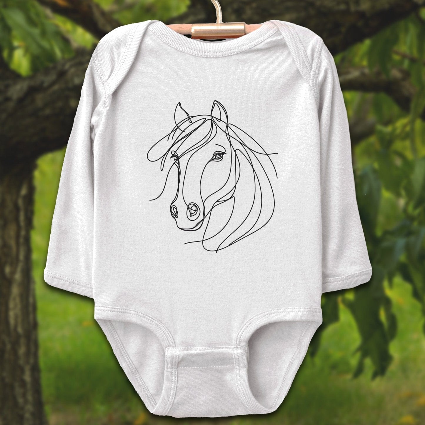 Baby Shirts Bodysuit Long Sleeve / Newborn / White Elegant Horse Line Art - Baby Shirt