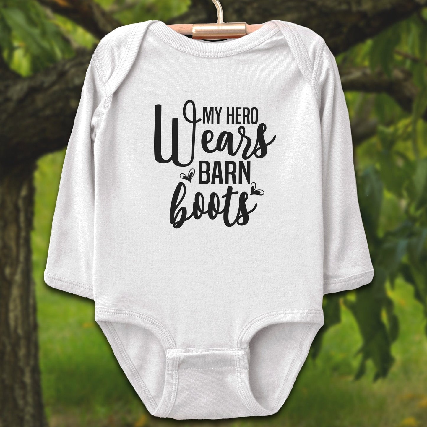 Baby Shirts Bodysuit Long Sleeve / Newborn / White My Hero Wears Barn Boots - Baby Shirt