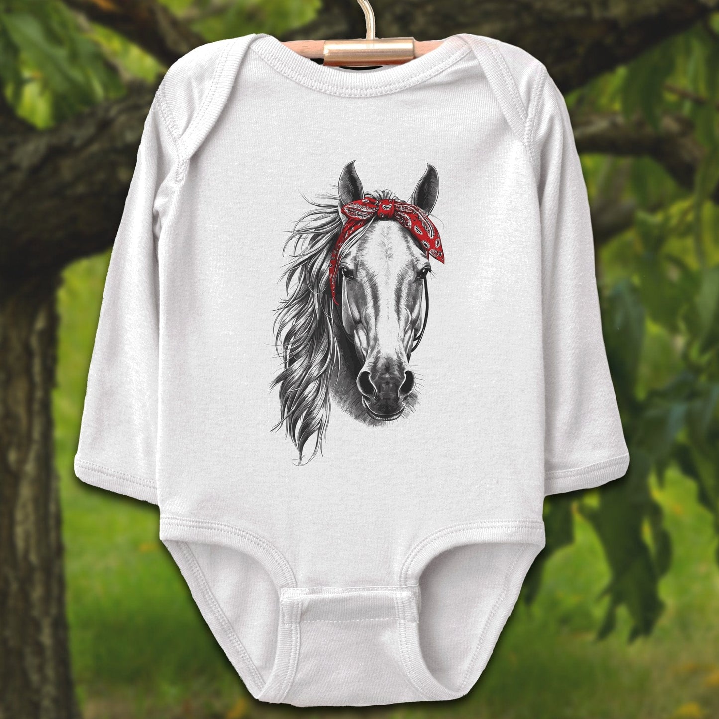 Baby Shirts Bodysuit Long Sleeve / Newborn / White Stylish Horse with Red Bandana - Baby Shirt