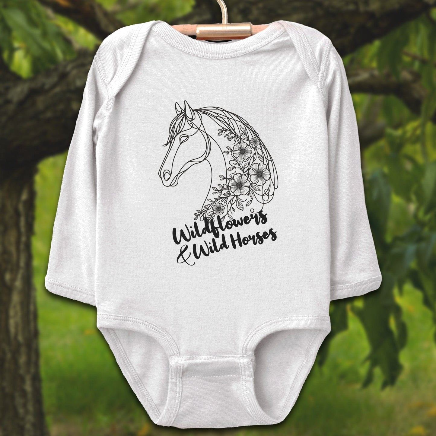 Baby Shirts Bodysuit Long Sleeve / Newborn / White Wildflowers And Wild Horses - Baby Shirt