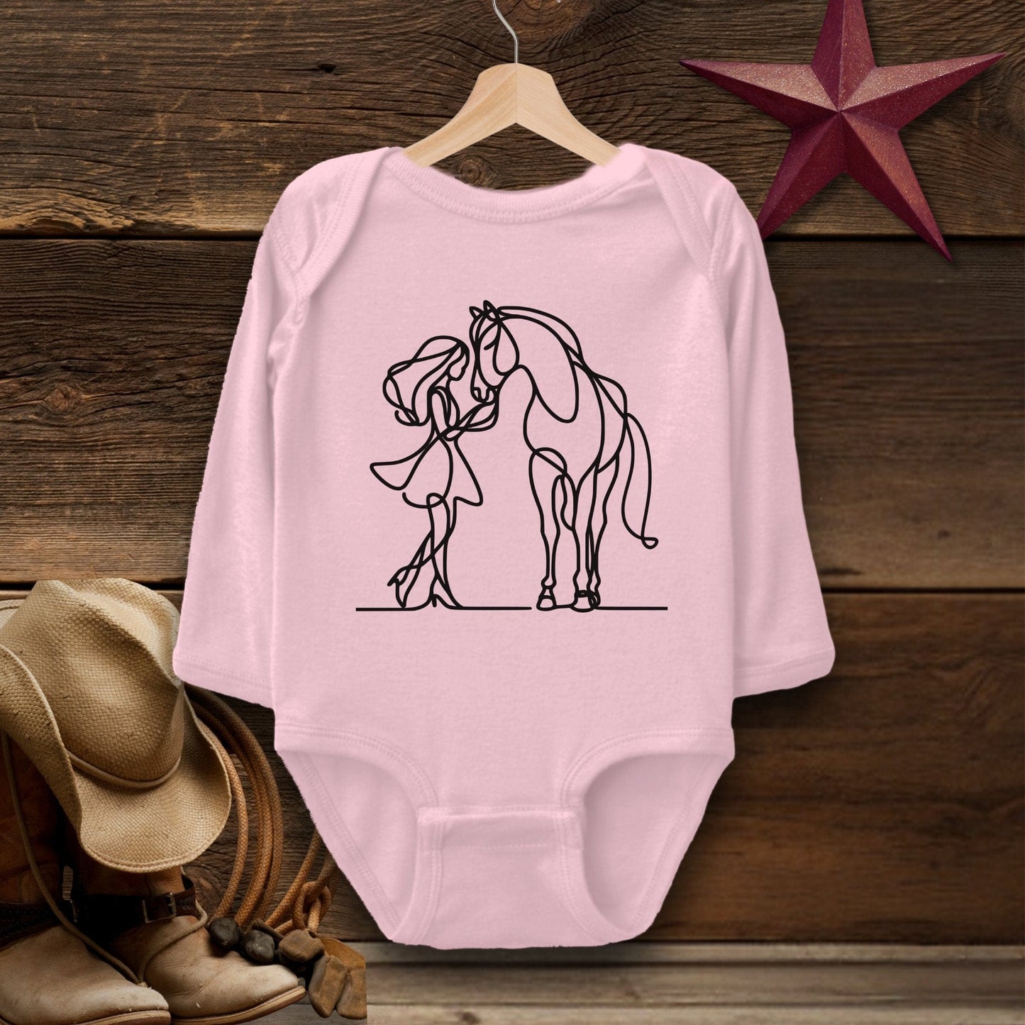 Baby Shirts Bodysuit Long Sleeve / Pink / Newborn Lady and Horse Art - Baby Shirt