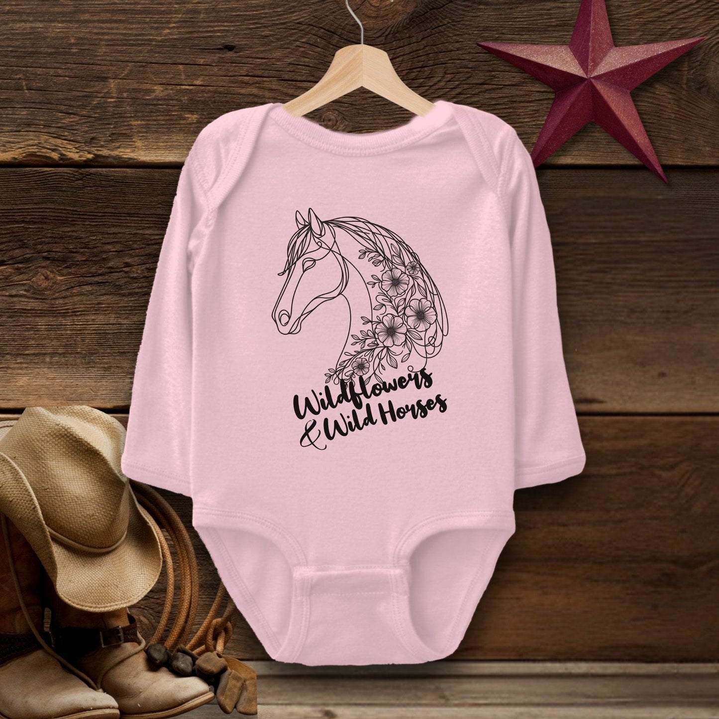 Baby Shirts Bodysuit Long Sleeve / Pink / Newborn Wildflowers And Wild Horses - Baby Shirt