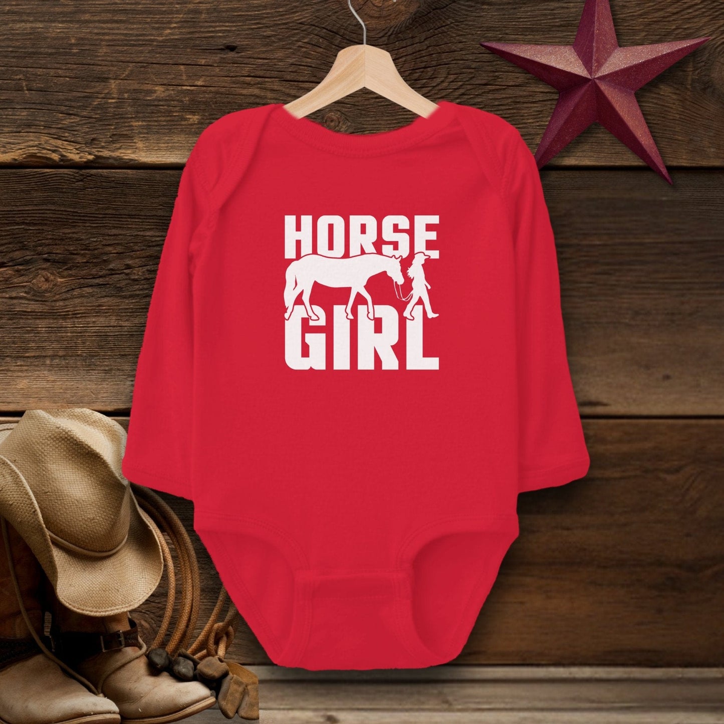 Baby Shirts Bodysuit Long Sleeve / Red / Newborn Horse and Girl Shirt