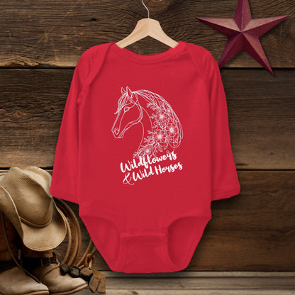 Baby Shirts Bodysuit Long Sleeve / Red / Newborn Wildflowers And Wild Horses - Baby Shirt