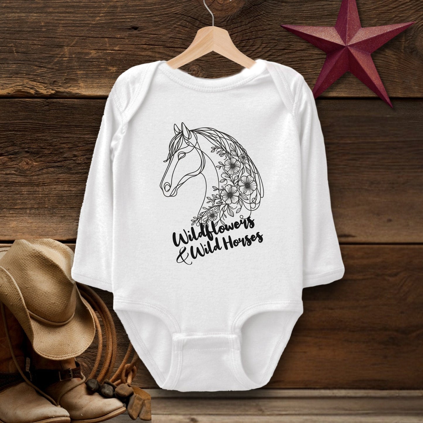 Baby Shirts Bodysuit Long Sleeve / White / Newborn Wildflowers And Wild Horses - Baby Shirt