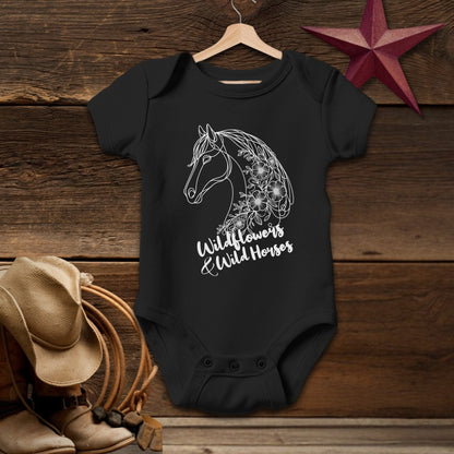 Baby Shirts Bodysuit Short Sleeve / Black / Newborn Wildflowers And Wild Horses - Baby Shirt