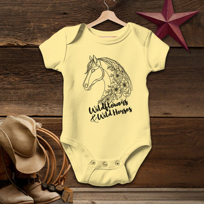 Baby Shirts Bodysuit Short Sleeve / Butter / Newborn Wildflowers And Wild Horses - Baby Shirt