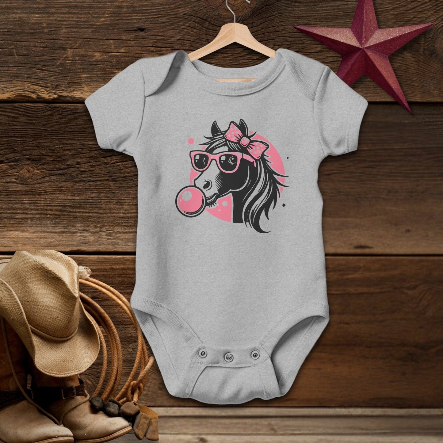 Baby Shirts Bodysuit Short Sleeve / Heather / Newborn Bubble Gum Horse Shirt