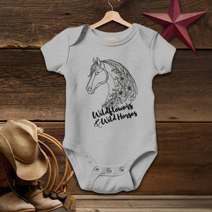 Baby Shirts Bodysuit Short Sleeve / Heather / Newborn Wildflowers And Wild Horses - Baby Shirt