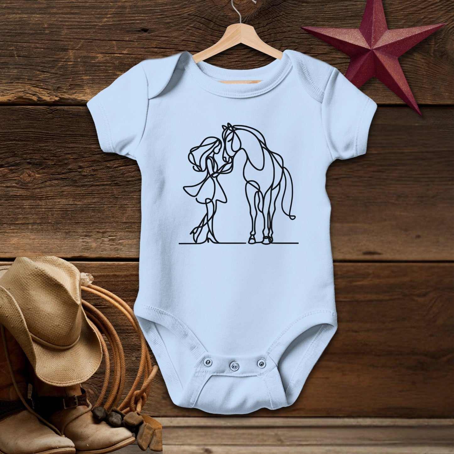 Baby Shirts Bodysuit Short Sleeve / Light Blue / Newborn Lady and Horse Art - Baby Shirt